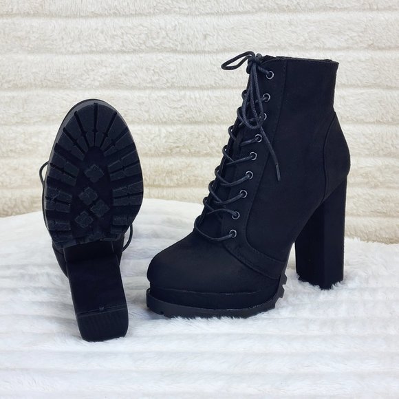 Vivian Black Faux Suede Chunky Heel Platform Ankle Boots - Picture 5 of 14